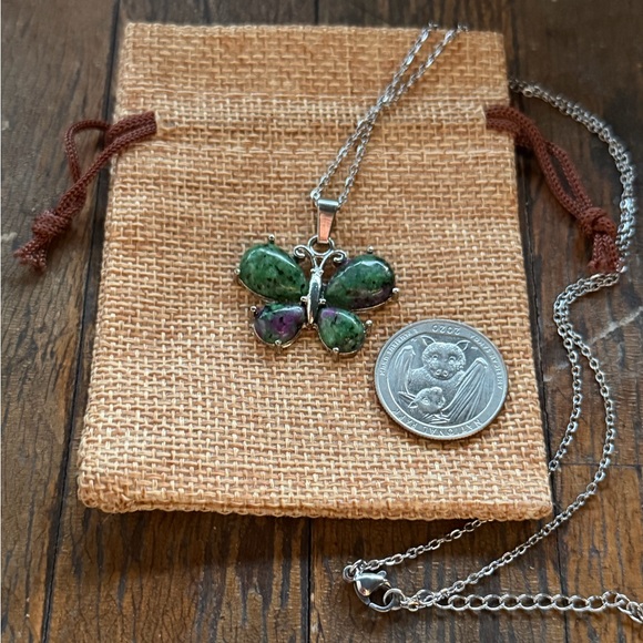 Ruby Zoisite Butterfly Necklace Ruby in Zoisite Pendant Crystal Quartz Necklace - Picture 2 of 3
